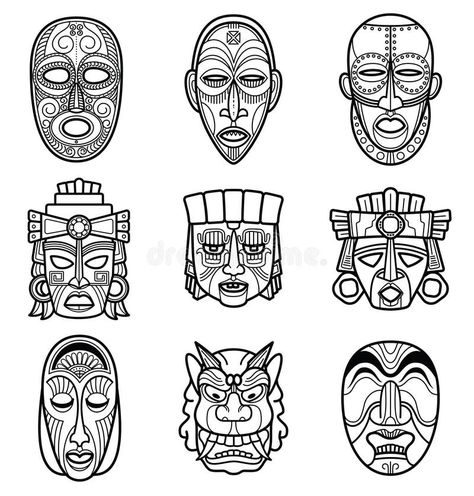 Illustration about Indian aztec and african historic tribal mask set. Native face masks vector illustration. Illustration of indian, mexican, decoration - 103318229 Mask Art Drawing, Ritual Symbols, Mayan Mask, Aztec Mask, African Art Projects, African Tattoo, Mayan Symbols, Mexican Mask, Papercraft Ideas