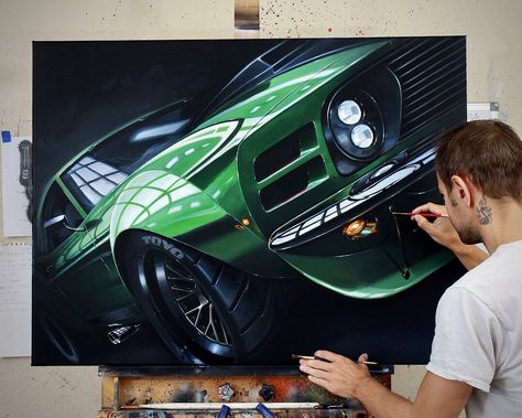 Car Painting On Canvas, Car Paintings Acrylic, Ruffian Mustang, Car Acrylic Painting, Car Painting Ideas, Big Acrylic Painting, Big Painting Ideas, Mustang Painting, Car Painting Canvas