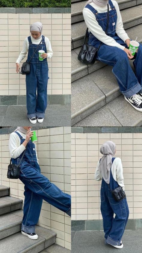 Jeans Jumpsuit Outfit Hijab, Jumpsuit With Hijab, Over All Outfit Denim Overalls, Ootd Overall Jeans, Ootd Jumpsuit Hijab Jeans, Overall Jeans Hijab, Jumpsuit Outfit Hijab Style, Outfit Overall Hijab, Outfit Gemuk