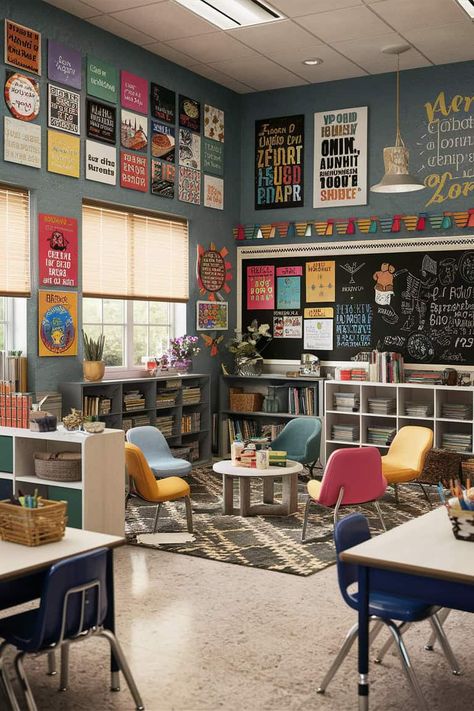 17 Classroom Decor Ideas to Spark Creativity Today Dream Classroom Elementary, Elementary School Aesthetic, Teachers Office Ideas, Classroom Table Arrangement, Cool Classrooms, Aesthetic Classroom Decor, Vintage Classroom Decor, English Teacher Classroom, Teacher Goals