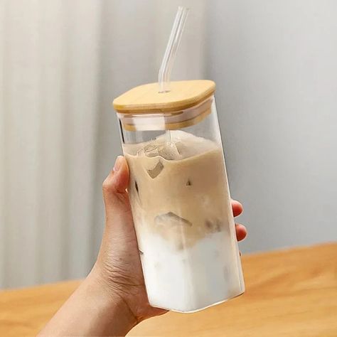 Glass Cup With Lid, Coffee Glass Cup, Cup With Lid And Straw, Tea Juice, Beer Cup, Juice Cup, Glass Coffee Cups, Dessert Shop, Heat Resistant Glass