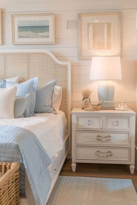 Minimalistic Beach Bedroom, Room Decor Bedroom Blue And White, White Bedroom With Light Blue Accents, Bedroom Inspo Coastal, Classy Beach House Decor, Costal Grandma Bedroom Aesthetic, Costal Bedroom Design, Beach Aesthetic Bedroom Ideas, Serena Lily Bedroom