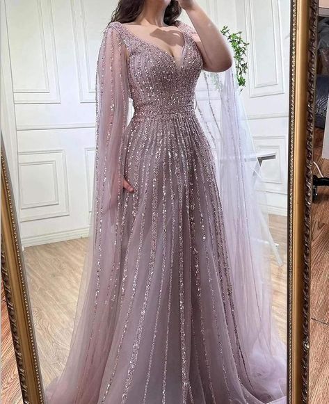 #fashion, #style, #outfitinspiration, #beauty Desi Prom Dresses, Prom Dresses With Cape, Party Wear Gowns, Champagne Evening Dress, Modest Evening Dress, Dubai Luxury, Long Veil, Fancy Dresses Long, Evening Party Gowns