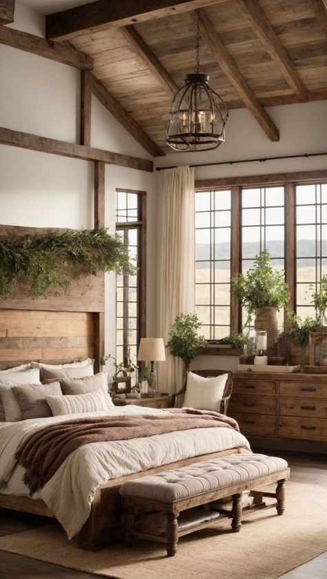 Modern Lodge Decor Bedroom, Barndo Bedroom Ideas, Lodge Bedroom Decor, Modern Lodge Decor, Homely House, Future Bedroom Ideas, Mountain Home Interiors, Country Style Bedroom, Modern Lodge