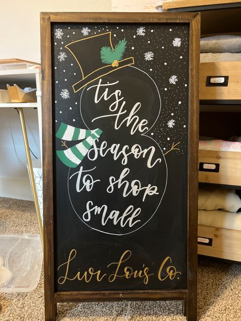 Christmas Boutique Signs, Shop Chalkboard Ideas, Holiday Coffee Shop Signs, Chalkboard Signs Business Ideas, Christmas Store Front Ideas, Christmas Decor Retail Display Ideas, Shop Small Chalkboard Signs, Small Business Chalkboard Sign Ideas, Holiday Boutique Ideas