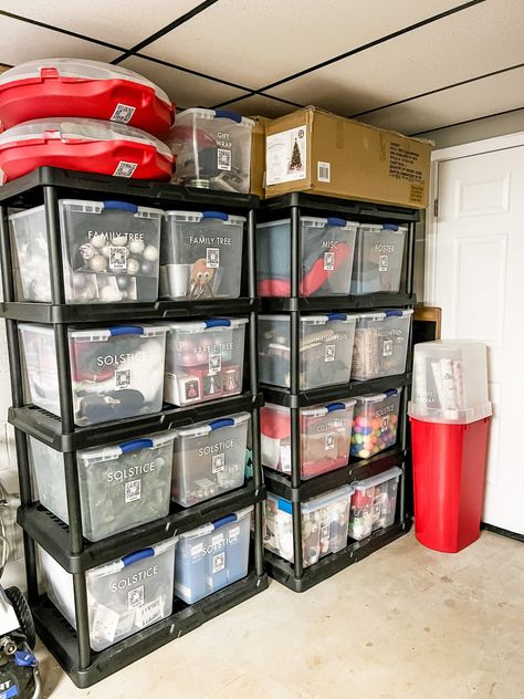 Season Storage Ideas, Shelves For Organization, Organized Storage Closet, Storage Ideas For Big Items, Storage Box Organization, Toy Storage In Basement, Large Family Storage Ideas, Storage For Holiday Decorations, Halloween Decor Storage Ideas