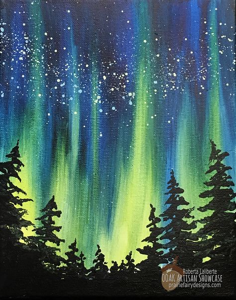 BLOG:: OOAK Artisan Showcase: Northern Lights Acrylic Painting with Roberta Laliberte Northern Lights Painting, Easy Canvas Painting, Galaxy Painting, Canvas Painting Diy, Hur Man Målar, Simple Acrylic Paintings, The Aurora, Night Painting, Beginner Painting