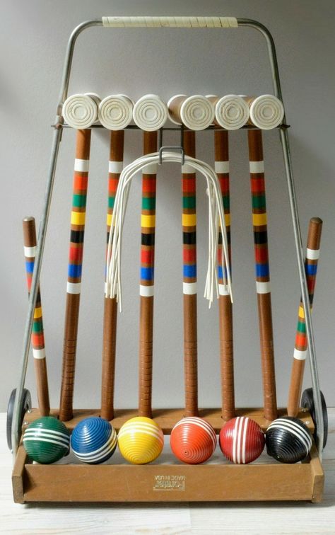 Croket Game, Croquet Balls, Vintage Croquet, Old Fashioned Toys, Croquet Set, Bocce Ball, Rolling Storage Cart, Ball Games, Site Sign