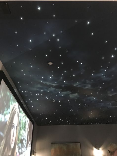 Room With Stars Ceiling, Black Room With Black Ceiling, Star Night Ceiling, Starcore Aesthetic Bedroom, Star Bedroom Ceiling, Constellation Interior Design, Night Sky On Ceiling, Celestial Ceiling Wallpaper, Black Star Ceiling