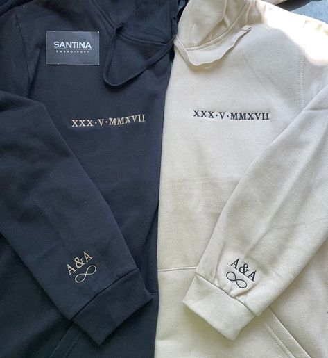 Roman numeral embroidered couple's anniversary hoodie sweatshirt with personalized initials Couples Hoodies Matching, His And Hers Hoodies, Date Couple, Matching Hoodies For Couples, Couple Hoodies, Hoodie Diy, Boyfriend Personalized Gifts, Matching Hoodies, Gf Bf