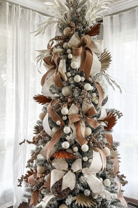 Neutral Christmas Trees Decorated, Christmas Tree Decor Ideas Neutral, Green And Tan Christmas Tree, White And Brown Christmas Tree Decor, Neutral And Black Christmas Tree, Brown Themed Christmas Tree, Boho Rustic Christmas Tree, Brown And Beige Christmas Tree, Christmas Trees Flocked