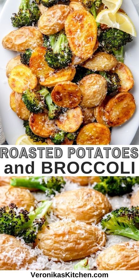 Roasted baby potatoes and broccoli, topped with grated Parmesan cheese. Cheesy Broccoli And Potatoes, Baked Potato And Broccoli, Baked Potatoes And Broccoli In Oven, Oven Roasted Potatoes And Broccoli, Broccoli And Potatoes Recipes, Potatoes And Broccoli Recipes, Broccoli And Potato Recipes, Brocoli Potato, Potato Broccoli Recipes