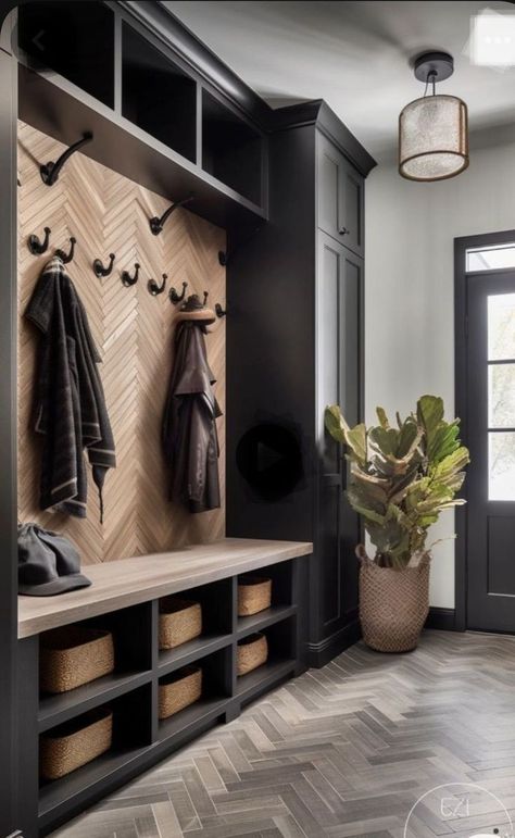 Mudroom High Ceiling, Mud Room Entry Modern, Entry Cubby Bench, Mudroom Farmhouse Ideas, Front Entrance Mudroom Ideas, Coat Hook Wall Ideas, Mud Room Hook Wall, Designer Mudroom, Moody Mud Room