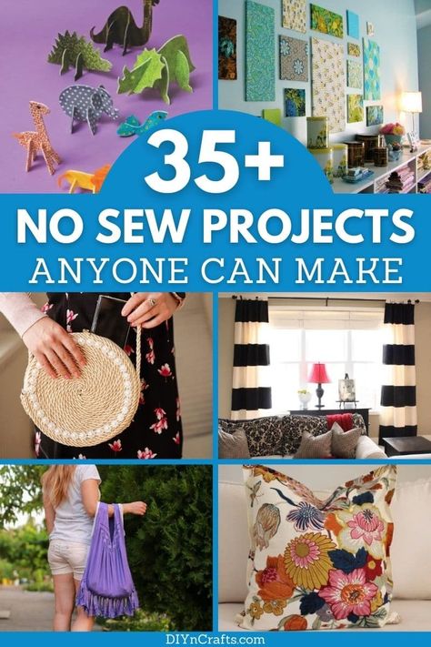 This no-sew DIY projects list has something for everyone! Easy steps and no sewing involved means making bags, pillows, and more simple! This list includes no sew hair bows, no sew bags, no sew toys, no sew curtains, and even no sew pillows! #NoSew #NoSewCrafts #EasyCrafts #NoSewProject #DIYNoSew No Sew Projects, Syprosjekter For Nybegynnere, Diy Bags No Sew, Fabric Crafts Diy, Sew Projects, Diy Fabric Crafts, Scrap Fabric Crafts, Scrap Fabric Projects, Upcycle Sewing