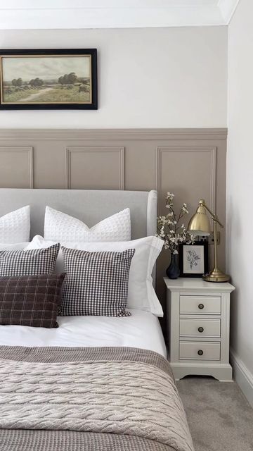 Dominique | Cwmrhys Cottage on Instagram: "Guest Bedroom Makeover 🤎 Another room that I haven’t shared before, it’s been more of a storage room as of late. So it was time to give it a little makeover. I opted for a neutral colour palette with a darker neutral for the panelling from the @grahamandbrown range. The panelling colour is ‘Moor End’ and the other walls are ‘Pressed Powder’, all in the resistance durable matt finish. The paint was so easy to apply and such amazing coverage, I couldn Sage Bedroom, Guest Bedroom Makeover, Feature Wall Bedroom, Grey Bedroom Decor, Neutral Bedroom Decor, Sage Green Bedroom, Decor Ideas Bedroom, Bedroom Panel, Redecorate Bedroom