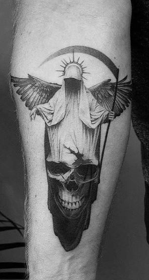 Angel Tattoos - Beautiful Ideas & Designs for Men & Women Men Tattoos, La Santa Muerte Tattoo, La Muerte Tattoo, Tato Geometris, Guardian Angel Tattoo Designs, Tato Minimal, Guardian Angel Tattoo, Angel Tattoos, Tattoo Filler