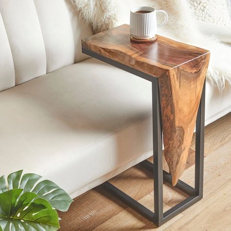 Live Edge Woodworking Projects, Slabs Of Wood Ideas, Wood Bed Table, Wood Live Edge Table, Wooden Decorations Interior, Live Edge Wood Side Table, Wood Table For Living Room, Live Edge Wood Table Dining Rooms, Waterfall Live Edge Table