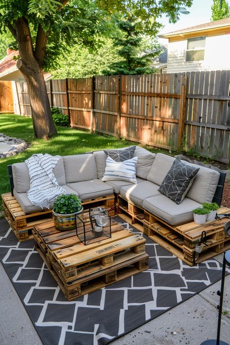 Find sustainable outdoor design inspiration with these 44 patio ideas, showcasing eco-friendly uses of pallets to create stylish furniture, decor, and accents that elevate the aesthetic of your small patio space. #SustainableDesign #OutdoorInspiration #PalletIdeas Wooden Pallets Furniture, Outdoor Patio Pallet Ideas, Pallets Balcony Ideas, Chill Outdoor Space, Wooden Pallet Furniture Outdoor, Patio Platform Ideas, Pallet Garden Sofa, Wooden Pallet Outdoor Seating, Outdoor Seating Small Space