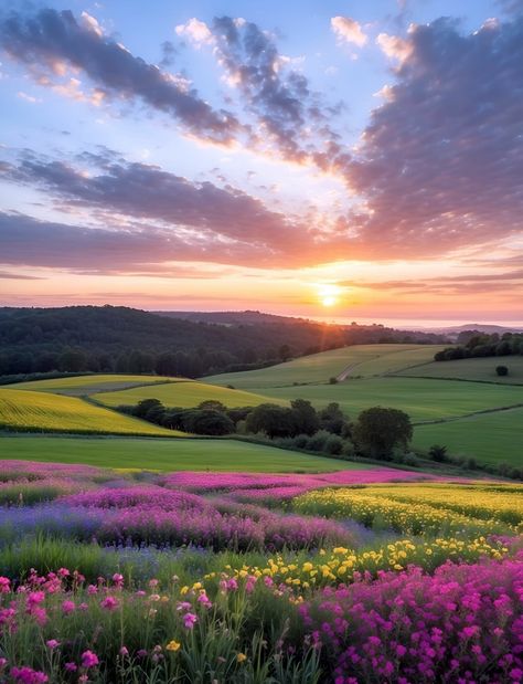 Senery Pic Landscape, Spring Landscape Photography, Landscape With Flowers, Valley Of Flowers, Dreamy Photography, Watercolor Projects, Field Of Flowers, Landscape Photography Nature, Pretty Landscapes