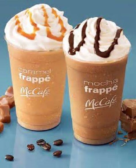 Frappe Recipe Mcdonalds, Mcdonalds Caramel Frappe, Mcdonalds Mocha Frappe, Caramel Frappe Recipe, Keurig Recipes, Mocha Frappe Recipe, Frozen Coffee Drinks, Caramel Frappe, Mcdonalds Coffee