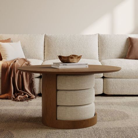 Hernest | 30 Inch Mid-Century Round Walnut Wood Coffee Table with 3 Stools for Living Room Coffee Table With Nesting Stools, Coffee Table With Seating, Stools For Living Room, Round Coffee Table Styling, Table With Stools, Coffee Table With Stools, Wood Coffee Tables, Seating Storage, Design For Living Room