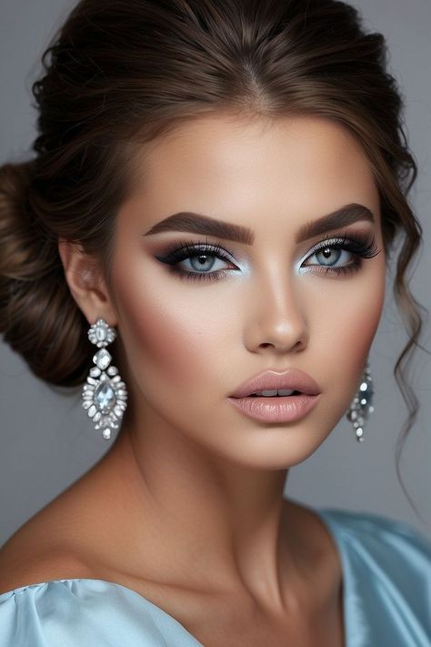 Wedding Makeup With Blue Eyeshadow, Makeup With A Silver Dress, Makeup Looks Light Blue Dress, Blue Eyes Prom Makeup, Cinderella Eyeshadow Looks, Cinderella Look Makeup, Prom Makeup Looks Blue Dress, Makeup With Hint Of Blue, Pretty Prom Makeup For Blue Eyes