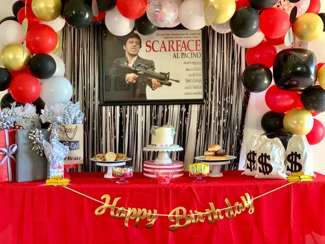 Scarface Themed Birthday Party, Scarface Birthday Theme, Scarface Party Theme, Scarface Party, Party Ideas Birthday, Birthday Theme Decoration, 30th Bday, Tony Montana, Birthday Party Theme Decorations