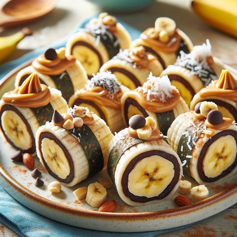 Cooking up Joy - Made with love: Banana Sushi Rolls: A Sweet Snack Idea Sushi Dessert Ideas, Banana Sushi Rolls, Traditional Sushi, Sweet Sushi, Banana Sushi, Dessert Sushi, Healthy Brunch, Banana Dessert, Hazelnut Spread