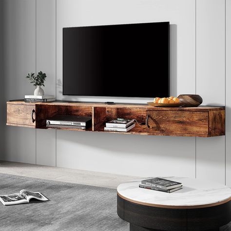 Amazon.com: FITUEYES Floating TV Stand Wall Mounted TV Shelf Entertainment Center Walnut Media Console with Doors Cabinet Modern Component for Storage Hutch Under TV for Home Living Room Office,Rustic Brown : Home & Kitchen Under Tv Cabinet, Wall Mount Tv Shelf, Hutch Desk, Tv Stand Wall, Wall Tv Stand, Wall Mount Tv Stand, Cabinet Hutch, Different Home Decor Styles, Hanging Tv