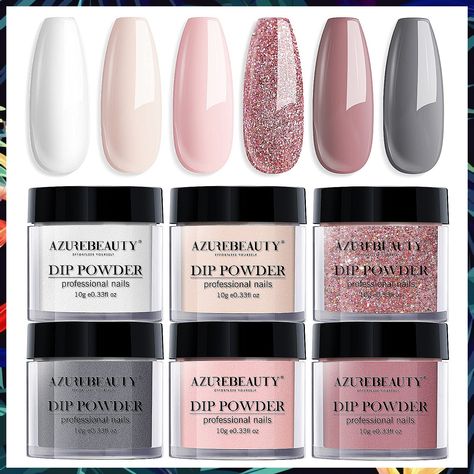 Dip Powder Nail Set, AZUREBEAUTY 6 Colors Classic Nude Collection Skin Tone Glitter Pastel Dipping Powder Starter Kit French Dip Nail Colors, Dip Manicure, Diy Salon, Glitter Manicure, French Nail Art, Manicure Diy, French Nail, Glitter Dipped, Nail Lamp