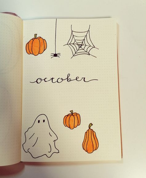 Bullet journal,October,pumpkins,ghost,spider,Halloween Calendar Drawing Ideas October, Month Page Journal, Habit Tracker Halloween, 2025 Bullet Journal Cover, October Scrapbook Ideas, September Journal Page, October Planner Ideas, Journal Ideas Halloween, October Cover Page Bullet Journal