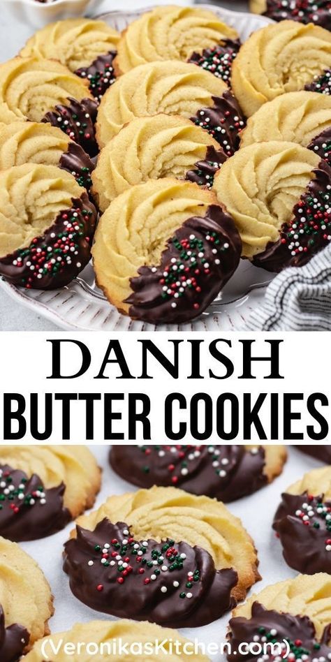 Christmas Danish Cookies, Half Dipped Cookies, Danish Butter Cookies Recipe, Christmas Butter Cookies, Homemade Danish, Christmas Butter, Danish Recipes, Butter Cookie Recipe Easy, Christmas Cookies Recipe