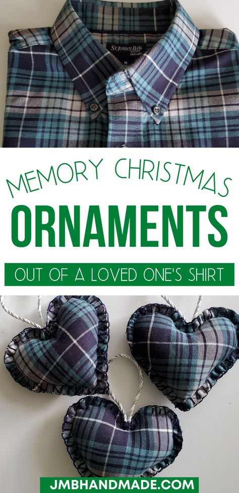 Create memory Christmas ornaments out of a loved one's shirt. Keep their memory alive using this simple sewing project. Add to your Christmas tree this year! Memory Keepsake Ideas Diy, Memorial Projects, Christmas Ornament Sewing, Sew Gifts, Memory Clothes, Memory Pillow From Shirt, Memory Items, Mom Memorial, Memory Projects