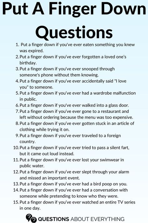 A list of the best put a finger down questions Night Out Games Friends, Put A Finger Down Questions Girl Edition, Risky Games To Play With Friends, Ideas For Games With Friends, Put Your Fingers Down Questions, Games To Play On The Phone With Friends, Game Ideas To Play With Friends, Pit A Finger Down Questions, Games You Can Play With Friends