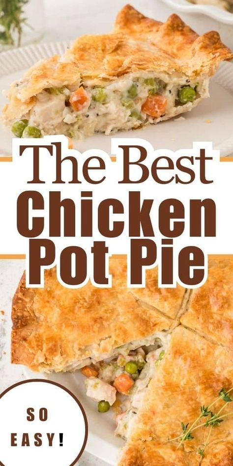 Slice of chicken pot pie showing inside filling, and top of entire pie. Freezer Casserole, The Best Chicken Pot Pie, Easy Chicken Pot Pie Recipe, Creamy Chicken Pot Pie, Best Chicken Pot Pie, Pot Pie Casserole, Chicken Pot Pie Filling, Chicken Pot Pie Casserole, Homemade Chicken Pot Pie