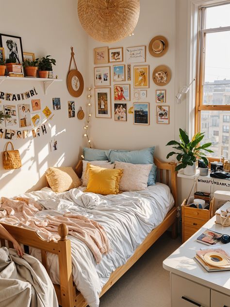 Room Bed Inspiration, Bedroom Decor With Windows, Room Decor Bedroom Yellow, Nature Dorm Room Aesthetic, Retrocore Room, Yellow Dorm Room Aesthetic, Fun College Dorm Room Ideas, Yellow Wall Room Decor, Dorm Decor Ideas Wall Decorations