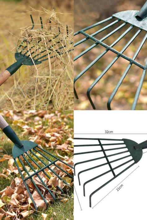 Garden leaf rake Material: high carbon steel Color: green or customized Durable and easy to use Small Edible Garden Ideas, Fencing Tools, Metal Building Designs, Digging Tools, Garden Rake, Lawn Tools, Farm Tools, Cottage In The Woods, Plumbing Tools