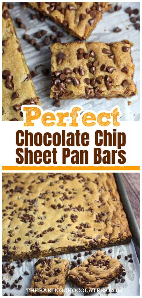 Perfect Chocolate Chip Cookie Bars Chocolate Chip Sheet Cookie, Sheet Cake Cookie Bars, Chocolate Chunk Cookie Bars, Bar Cookie Recipes For A Crowd Sheet Pan, Half Sheet Pan Bars, Chocolate Chips Cookie Bars, Recipes Using Semi Sweet Chocolate Chips, Chocolate Chip Pan Cookies Bar Recipes, Chocolate Chip Cookie Sheet Pan