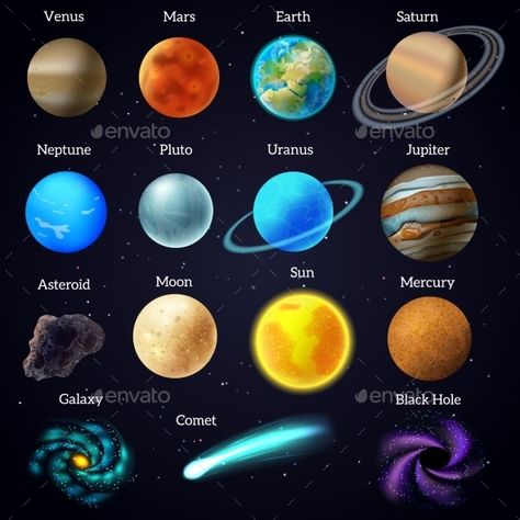 Cosmos Stars Planets Galaxy Icons Set by macrovector Universe cosmic celestial bodies mars venus planets and sun educational aid poster black background abstract vector illustration. Venus Planet, Planet Pictures, Tata Surya, Mars And Earth, Planet Painting, Solar System Projects, Planet Drawing, Planet Sun, Solar System Planets