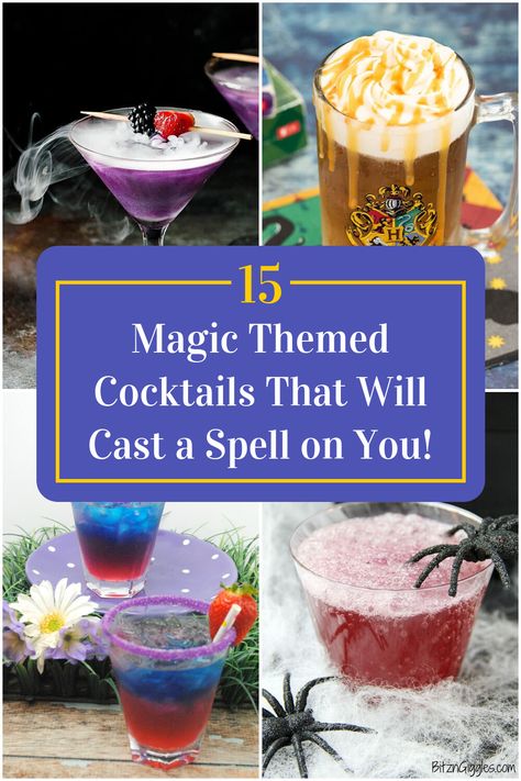 Collage of 4 magic themed cocktails. Potion Themed Drinks, Health Potion Cocktail, Fantasy Themed Cocktails, Poly Juice Potion Recipe, Dnd Cocktails, Magic Cocktails, Potion Cocktails, Potions For Kids, Magic Decorations