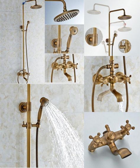 [Visit to Buy] Wall Mounted Round Rain Shower Head Tub Spout Hand Sprayer Mixer Antique Brass #Advertisement Outdoor Shower Fixtures, Half Bathroom Remodel, Basket Shelf, Antique Brass Bathroom, Bathroom Shower Faucets, Shower Fixtures, Brass Shower, Shower Faucet Sets, Wall Mount Faucet