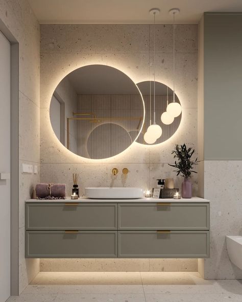 37 Bright and Organized Bathroom Decoration Ideas - gramydeco Monochromatic Bathroom, Bathroom Recessed Lighting, Organized Bathroom, Modern Bathroom Mirrors, Led Mirrors, Bathroom Vanity Designs, Small Bathroom Organization, Double Mirror, Bathroom Mirror Lights