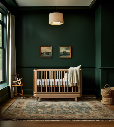 The dark green and panel molding add so much depth to the space, and the wood crib and decor bring warmth. The dark green and light wood combination also offers a bit of contrast and balance. Head to the blog to see the details Dark Earthy Nursery, Dark Gender Neutral Nursery, Green Wood Nursery, Forest Green Accent Wall Nursery, Dark Color Nursery, Green Ceiling Nursery, Dark Green Nursery Accent Wall, Emerald Green Nursery Gender Neutral, Dark Colored Nursery