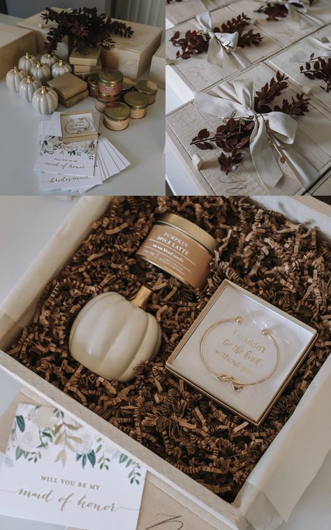 Fall Bridesmaid Gift Boxes, Fall Bridesmaids Proposal Ideas, Bridesmaid Proposal Fall Theme, Bridesmaid Proposal Halloween, Bridesmaid Basket Ideas, Fall Bridesmaid Proposal, Rustic Bridesmaid Proposal, Boho Bridesmaid Proposal, Diy Bridesmaid Proposal