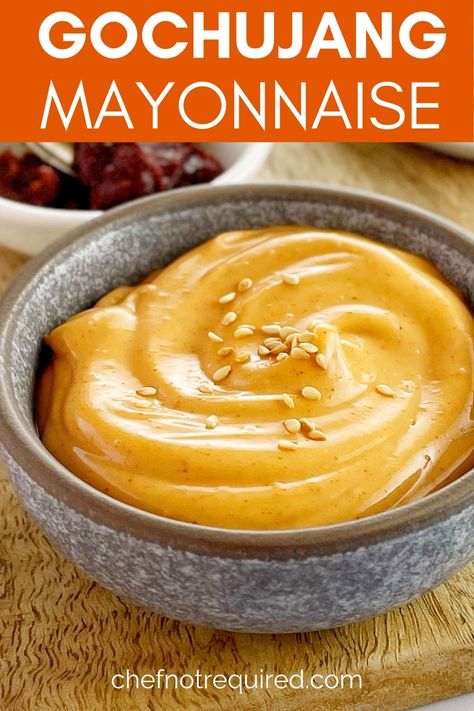 This is my easy version of gochujang mayo sauce. It's a creamy, spicy condiment that makes the perfect dipping sauce for almost anything. Combining kewpie mayonnaise and hot gochujang paste to make a delicious spicy mayo, this recipe is fast and you can easily control the spice level yourself to suit your taste. #chefnotrequired #gochujang #gochujangmayo #spicymayo Kewpie Mayo Sauces, Gochujang Mayo, Asian Sauce Recipes, Spicy Mayo Recipe, Gochujang Paste, Gochujang Recipe, Honey Sriracha Sauce, Kewpie Mayonnaise, Yum Sauce