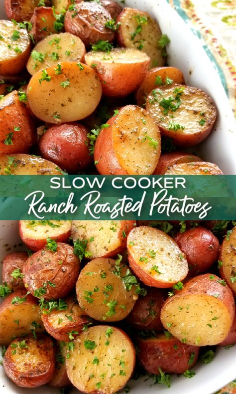 Slow Cooker Ranch Roasted Potatoes | A super easy recipe for red potatoes (new potatoes) roasted in the crock pot using dry ranch dressing seasoning mix and olive oil. Crock Pot Easter Sides, Easy Easter Sides Dishes Crock Pot, Roasted Veggies In Crockpot, New Potatoes Crockpot, New Potatoes In Crock Pot, Crockpot Parsley Potatoes, Crock Pot New Potatoes Recipes, Slow Cooker New Potatoes, Slow Cooked Potatoes