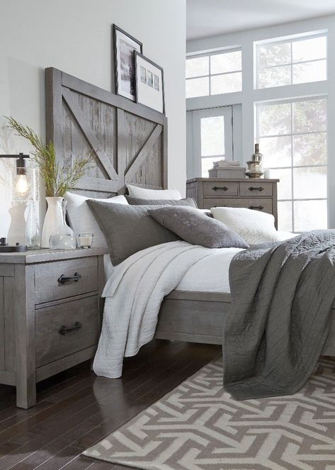 Grey Farmhouse Bedroom, Rustic Grey Bedroom, Grey Farmhouse, Grey Bedroom Furniture, Grey Bedroom, Rustic Bedding, Gray Bedroom, Wood Bedroom, Farmhouse Bedroom