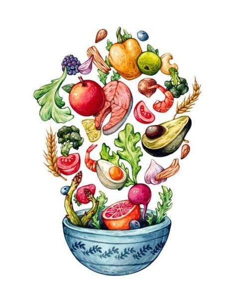 Healthy Food Drawing, Healthy Illustration, Healthy Food Activities, Healthy Food Photography, Healthy Food Quotes, Healthy Food Logo, Food Illustration Art, Watercolor Food, Food Photography Inspiration