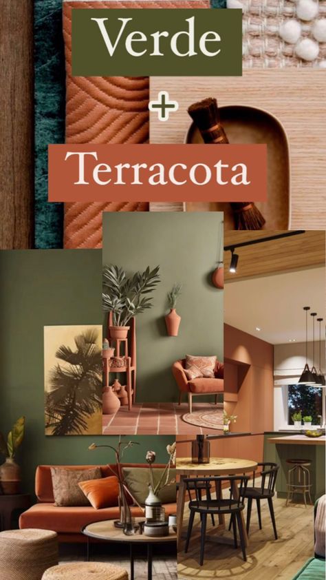 Color Pallet Terracota, Terra Cotta Living Room Decor, Living Room Green Sofa Colour Schemes, Terracota House Interior, Terracotta And Green Decor, Orange Wood Bedroom, Evergreen Fog And Terracotta, Boho Farmhouse Living Room Paint Colors, Green Terra Cotta Color Palette