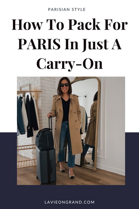 Lady wearing trench coat, ballet flats, denim, and sweater with a blue suite case and blue bag. Paris Carry On Packing, Carry On Capsule Wardrobe Europe, Paris September Outfits Street Styles, Versailles Outfit Ideas Fall, Comfortable Outfits For Paris, What To Pack Paris Fall, Packing Tips Carry On, Travel Street Style, Europe Travel Outfits Summer Carry On